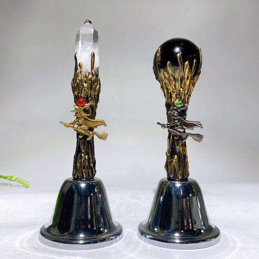 Metal Bell with Black Obsidian Sphere Clear Quartz Point Wholesale