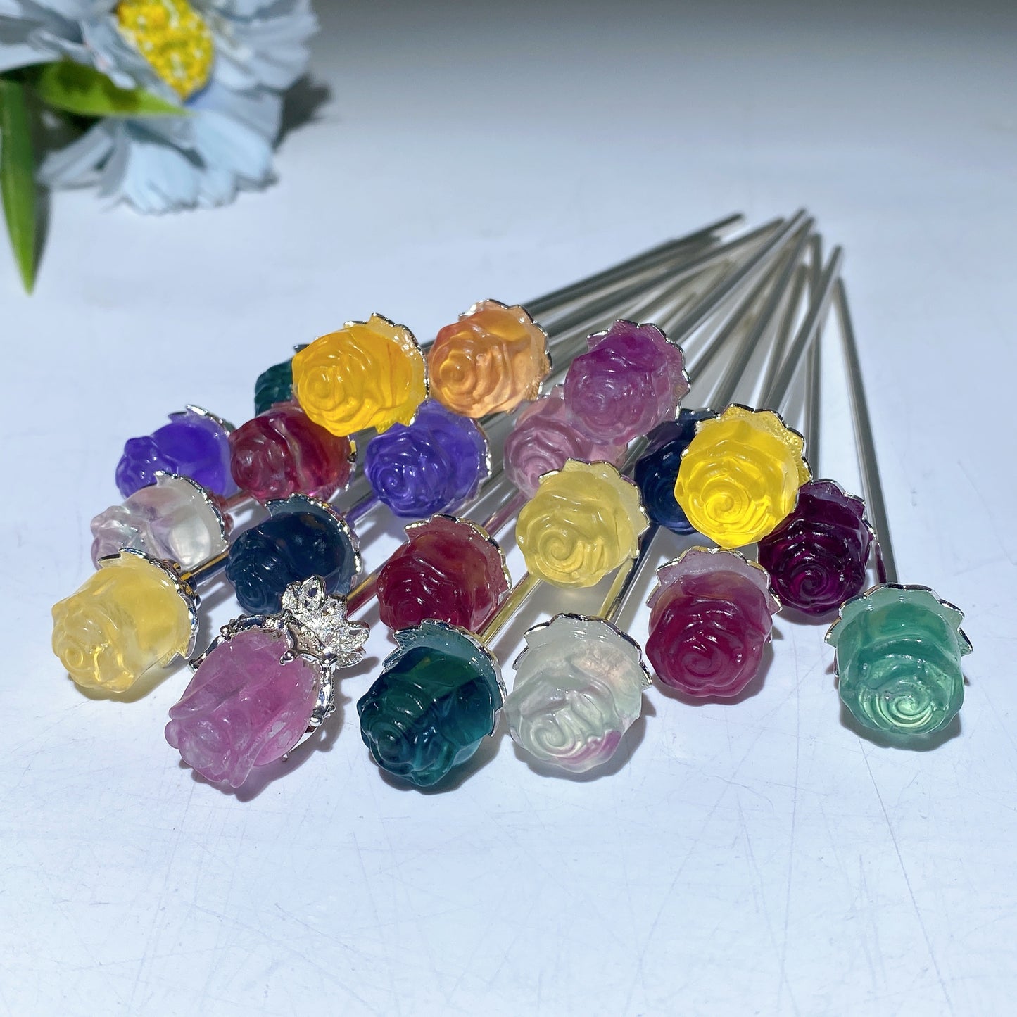 Fluorite Rose Flower Hair Pin Crystal Healing Bulk Wholesale
