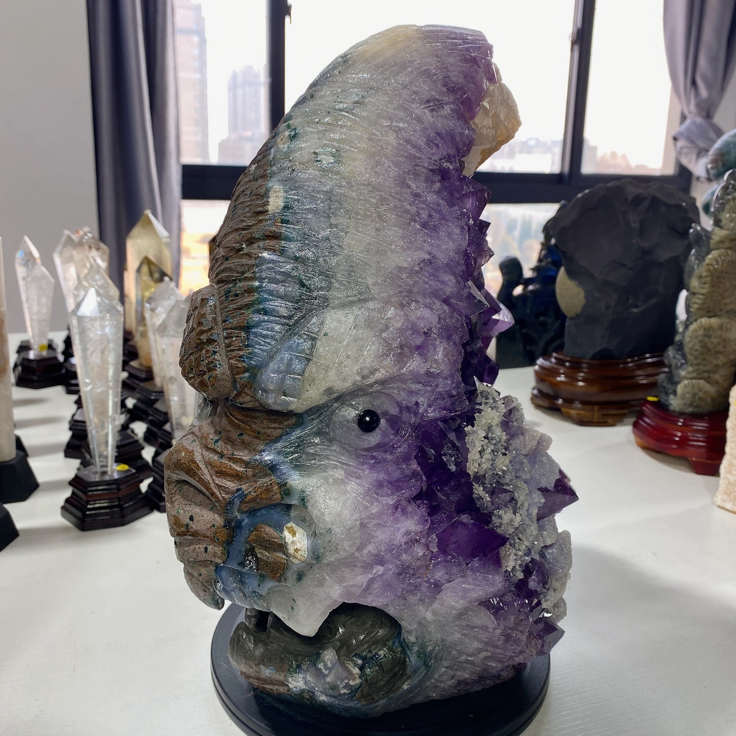 36cm Large Unique Amethyst Cluster Kong Kim Carving