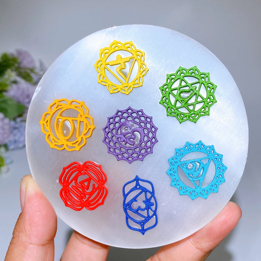 10cm Selenite Chakra Round Plate Carving Crystal Healing Bulk Wholesale