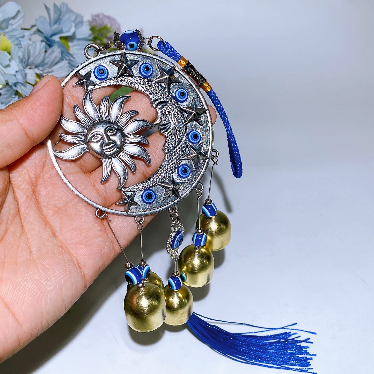 35cm Evil Eye Sun & Moon Metal Chime with Bells Hanging Ornament Crystal Healing Bulk Wholesale