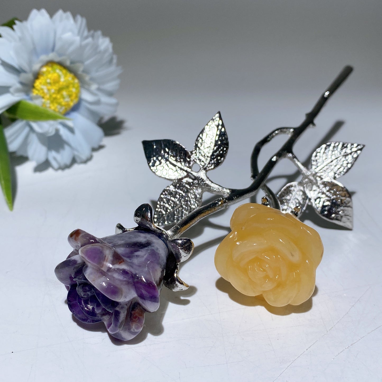 19cm Silver Stem Mixed Crystal Double Flowers Carvings Bulk Wholesale