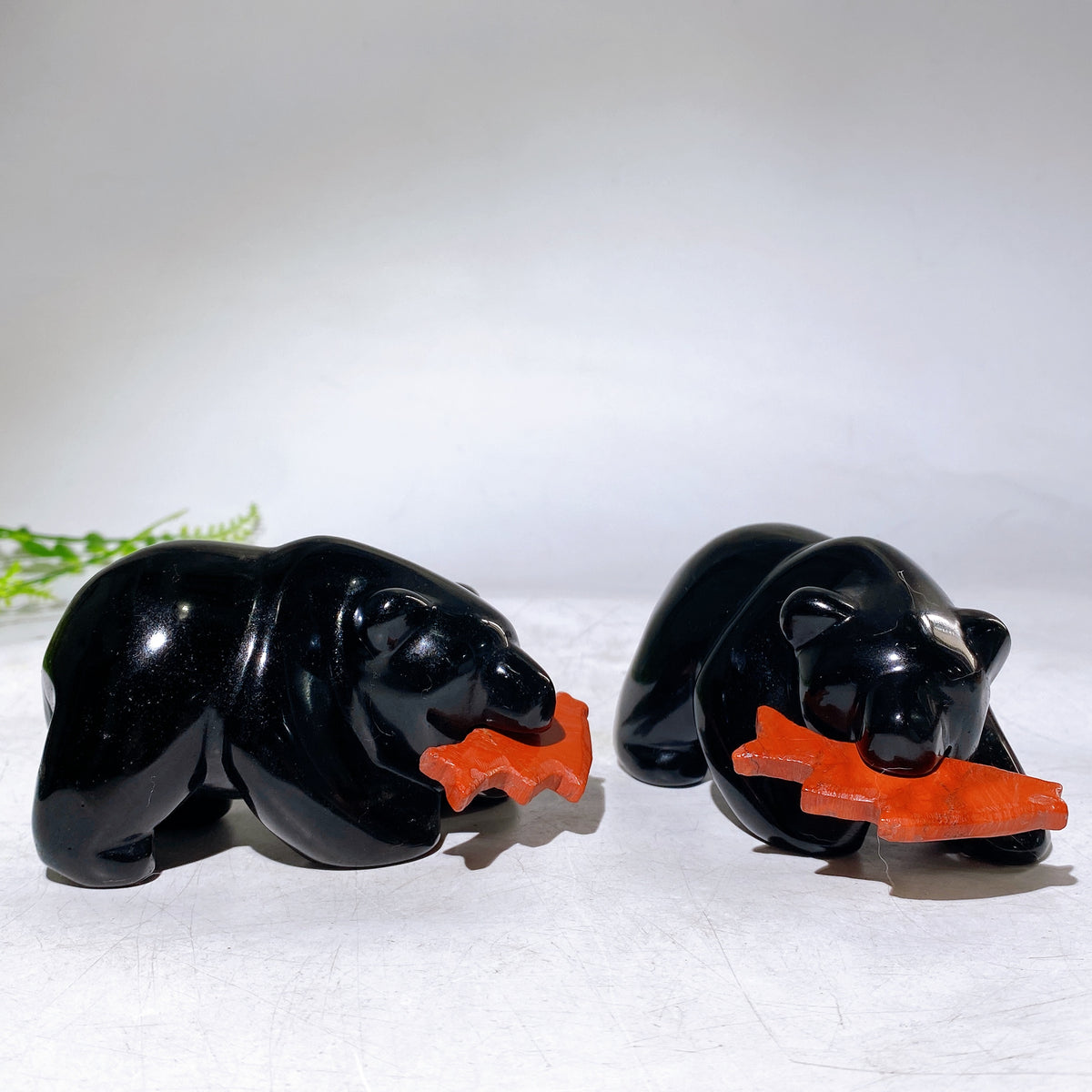 3.8" Black Obsidian Bear with Red Jasper Fish Carving Wholesale