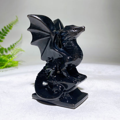 4.0" Black Obsidian White Jade Dragon Carving Wholesale