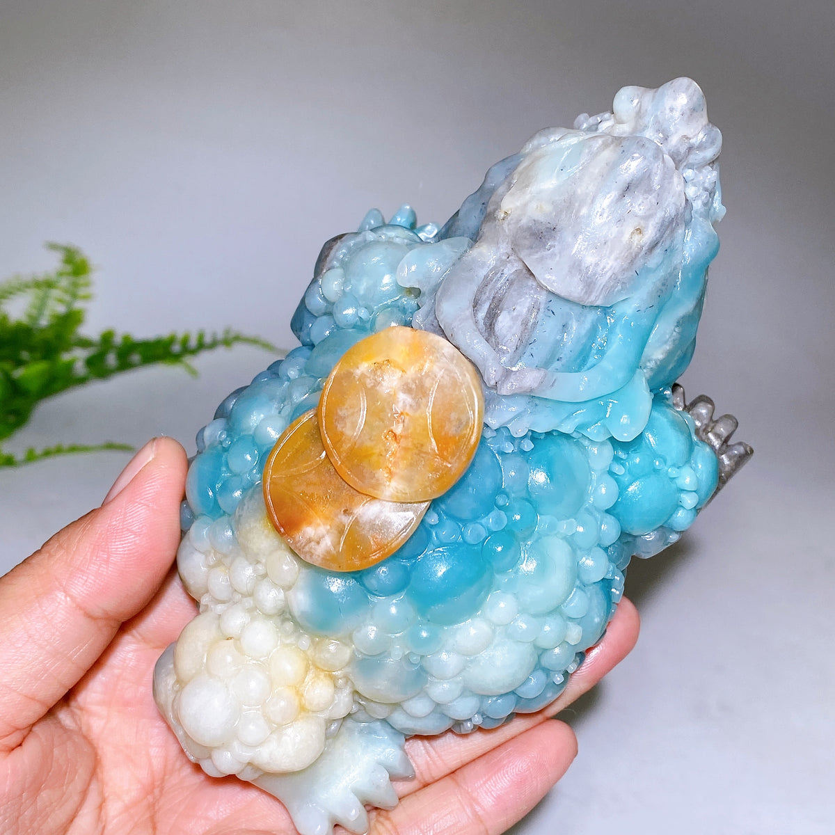 5.3" Unique Caribbean Calcite Three-Legged Jin Chan Carving Wholesale