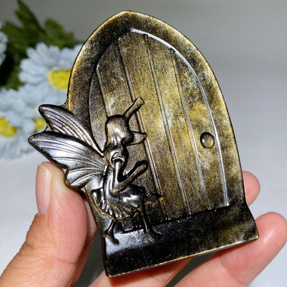 3.5" Golden Obsidian Silver Obsidian Fairy Magic Door Carving Bulk Wholesale