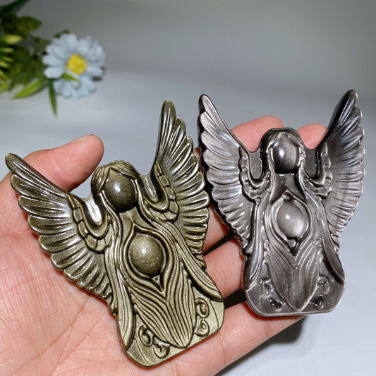 3.5" Golden Obsidian Silver Obsidian Angel Carving Bulk Wholesale