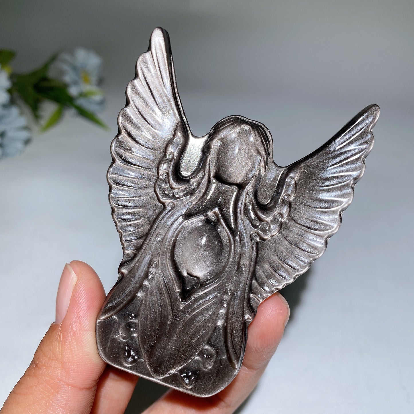 3.5" Golden Obsidian Silver Obsidian Angel Carving Bulk Wholesale