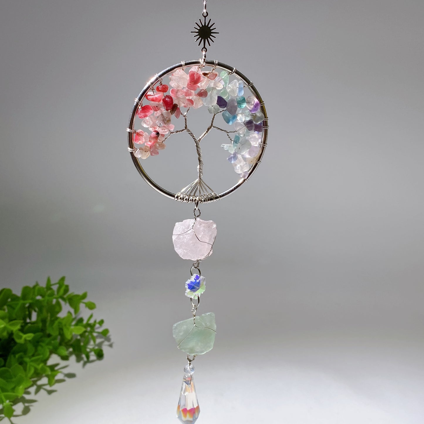 30cm Crystal Chips Silver Life Tree with Raw Stone Suncatcher Bulk Wholesale