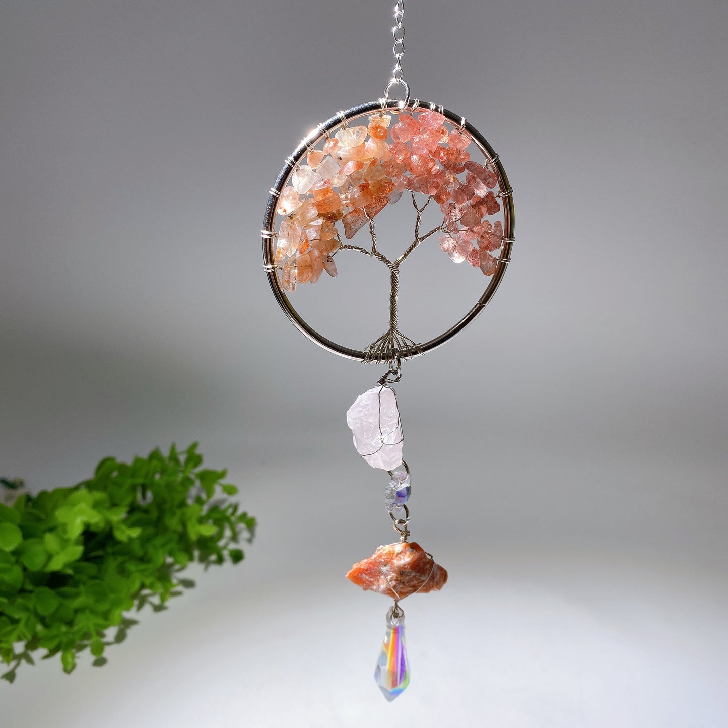 30cm Crystal Chips Silver Life Tree with Raw Stone Suncatcher Bulk Wholesale