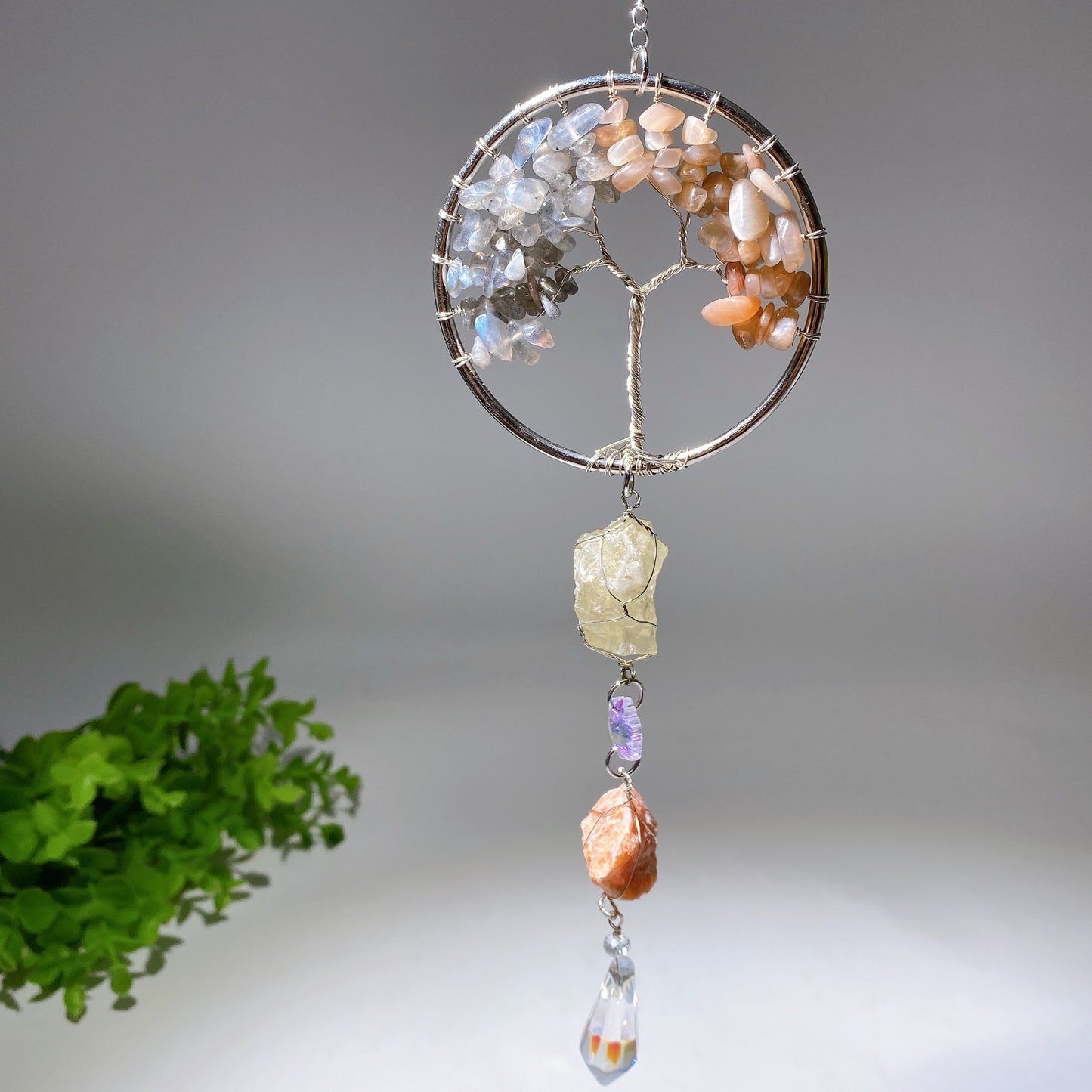 30cm Crystal Chips Silver Life Tree with Raw Stone Suncatcher Crystal Healing Bulk Wholesale