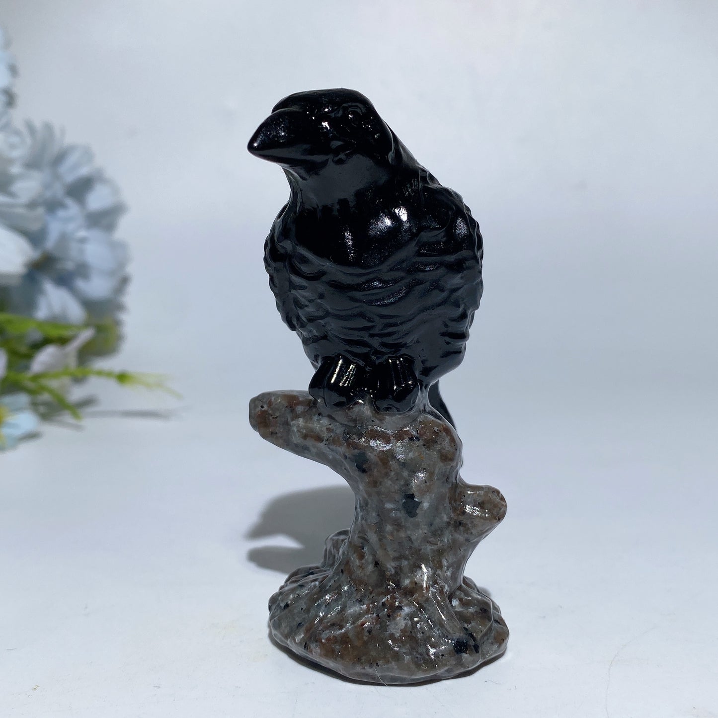 3.4" Black Obsidian Raven on Branch Carving Crystal Healing Bulk Wholesale