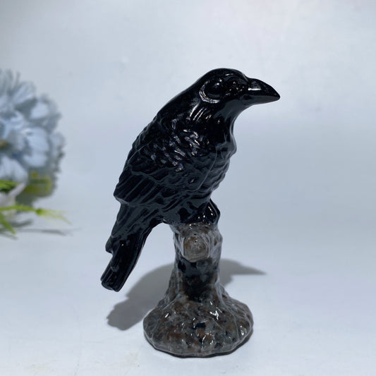 3.4" Black Obsidian Raven on Branch Carving Crystal Healing Bulk Wholesale