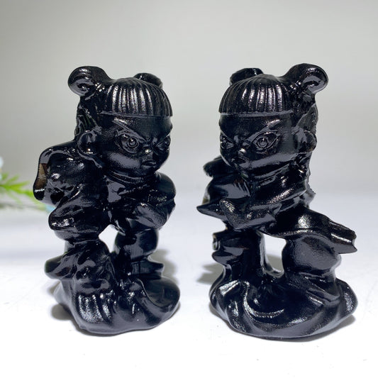 3.1" Black Obsidian Nezha Carving Bulk Wholesale