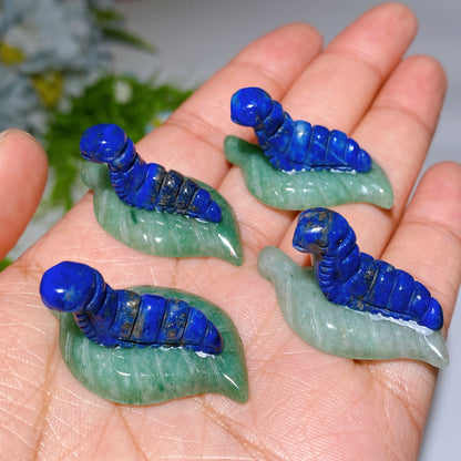 1.3" Crystal Silkworm on Green Aventurine Leaf Carving Bulk Wholesale