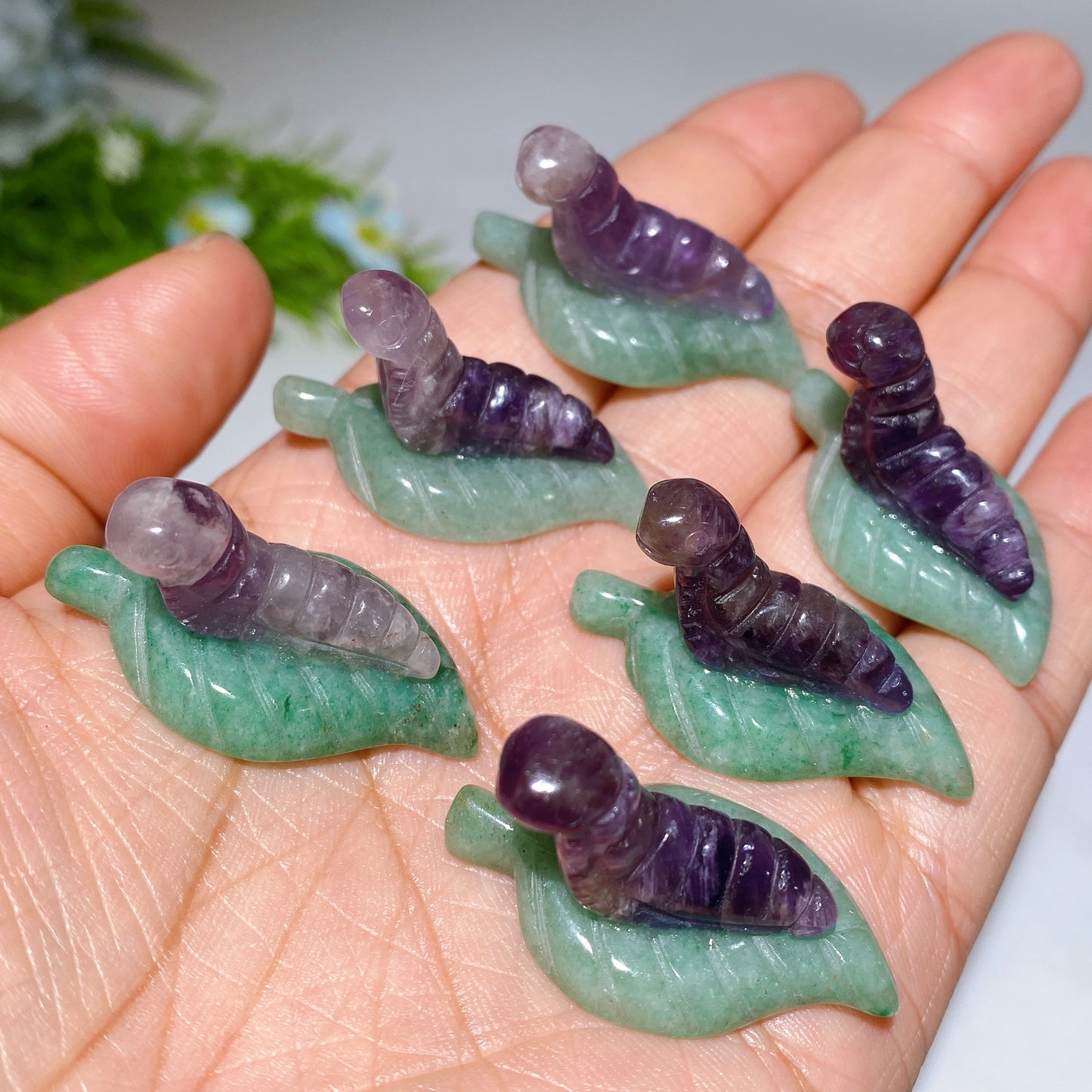 1.3" Crystal Silkworm on Green Aventurine Leaf Carving Bulk Wholesale