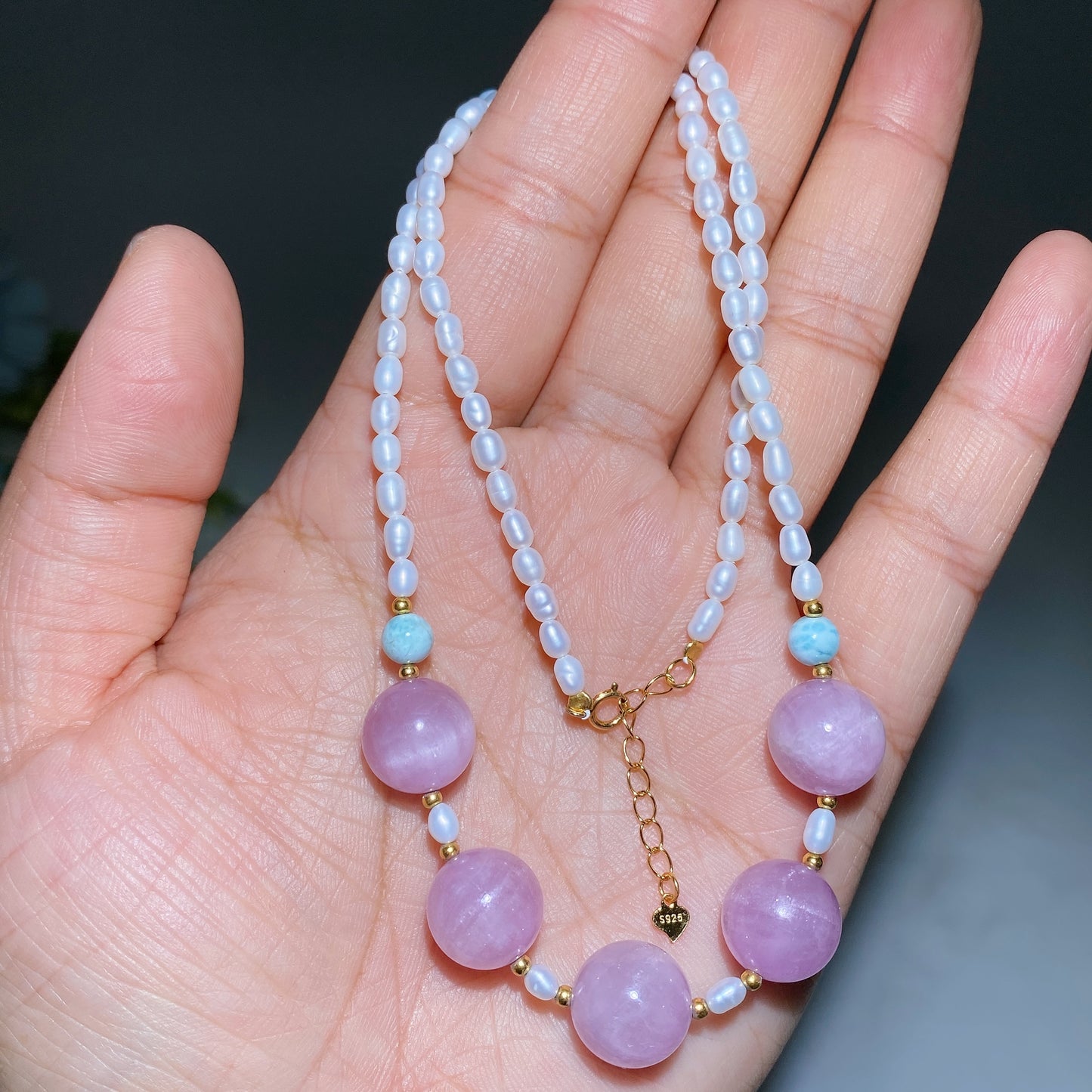 925 Silver Kunzite Larimar & Water Pearl Special DIY Natural Crystal Beads Necklace Crystal Gift Crystal Healing Bulk Wholesale