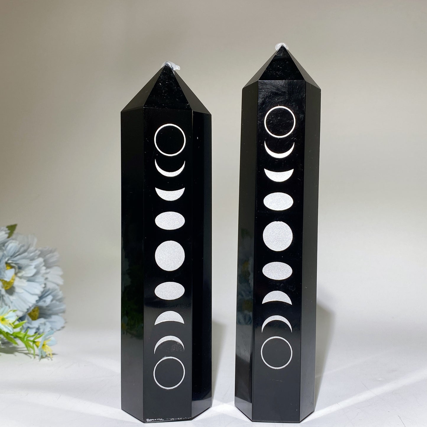 19-21cm Black Obsidian Tower with Silver Printing Moon Bulk Wholesale