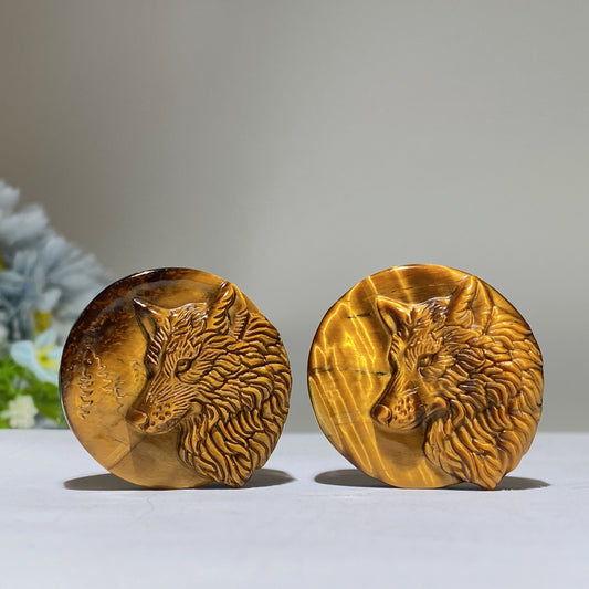 1.6" Yellow Tiger Eye Wolf Head Round Slab Carving Crystal Healing Bulk Wholesale