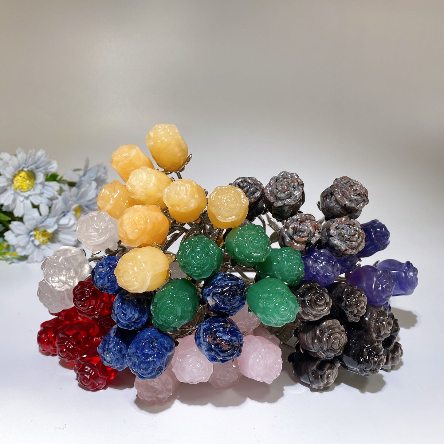 Crystal Flower Carving with Silver Color Metal Stem Crystal Healing Bulk Wholesale