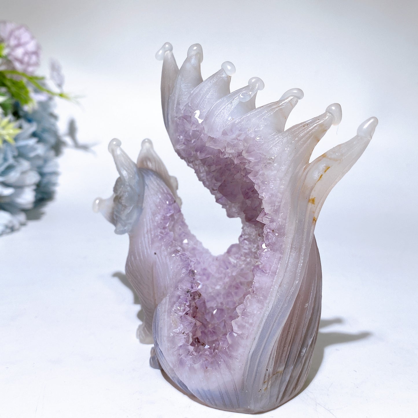 4.5" Unique Agate Growing with Amethyst Cluster Fox Carving Crystal Healing Bulk Wholesale