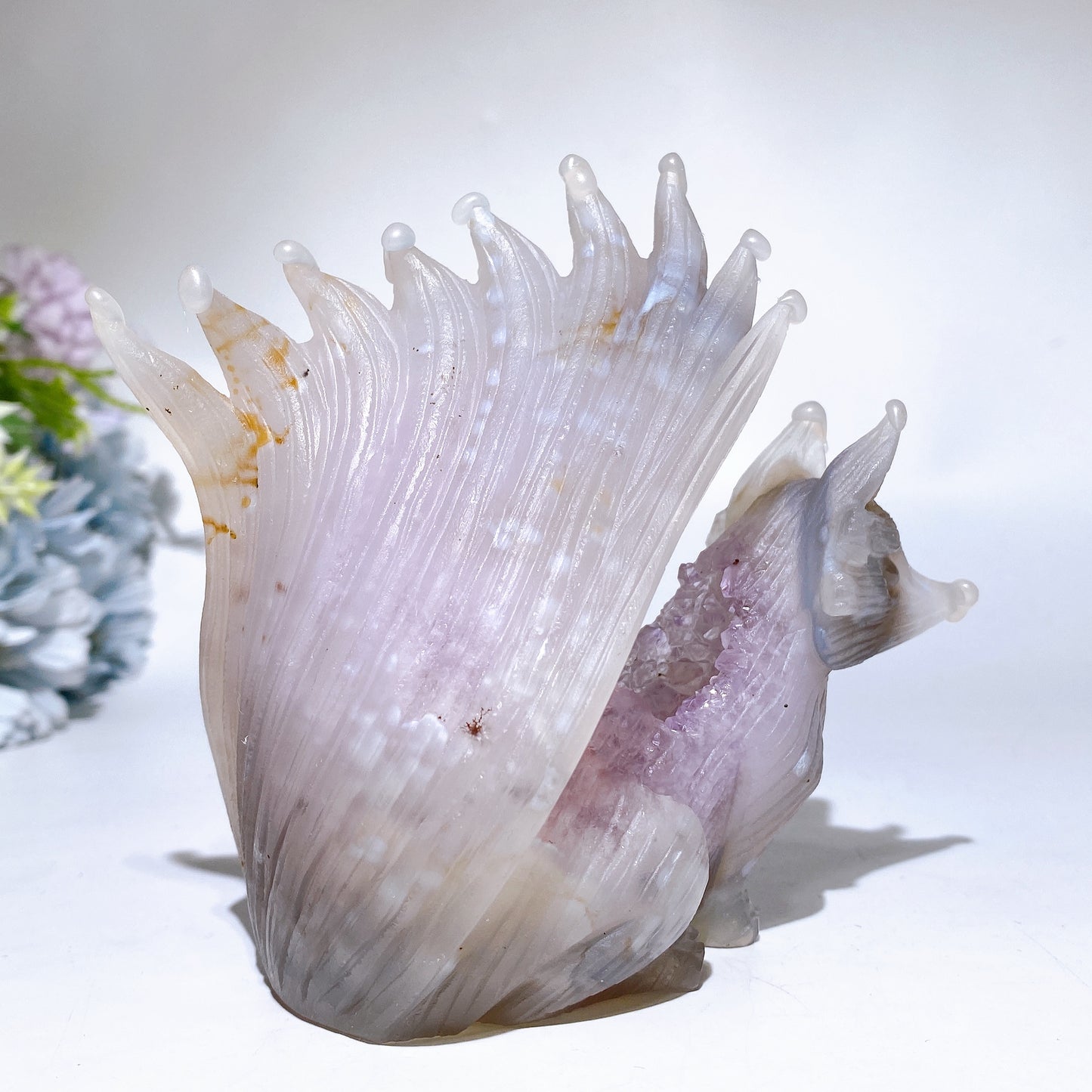 4.5" Unique Agate Growing with Amethyst Cluster Fox Carving Crystal Healing Bulk Wholesale