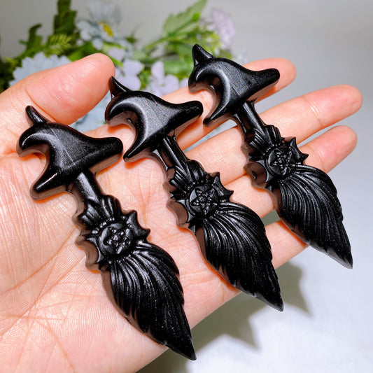 3.9“ Black Obsidian Broom Carving Crystal Healing Bulk Wholesale