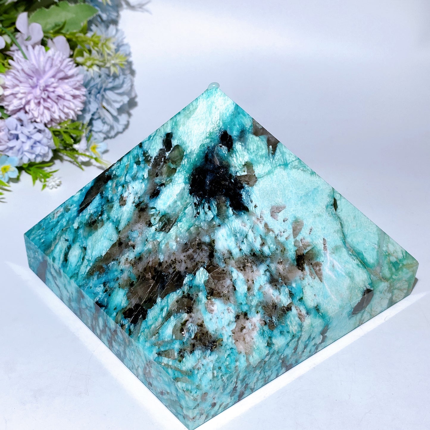 16cm Large Unique Amazonite Grow with Quartz Pyramid Carving Crystal Carving Bulk Wholesale