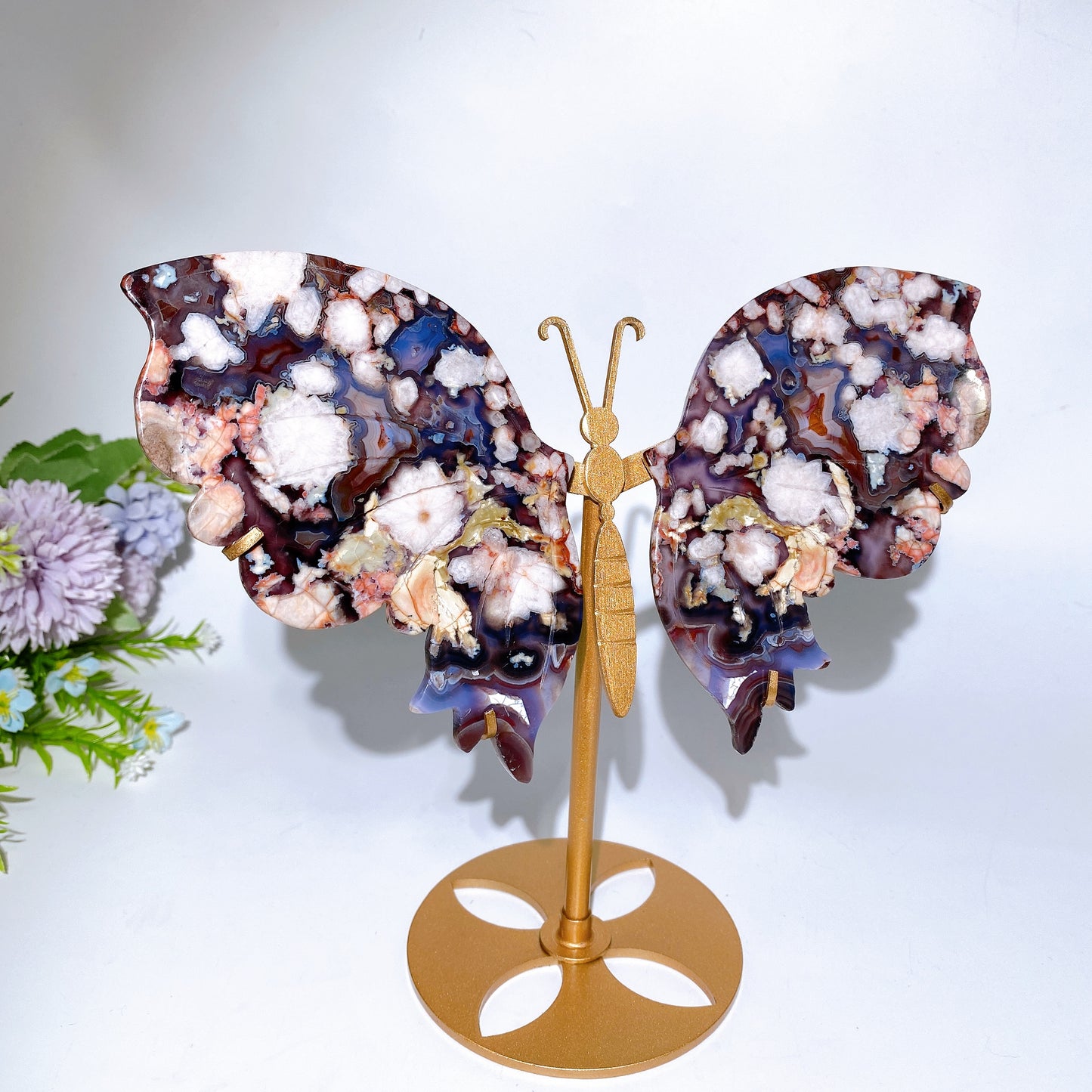 19cm Large Unique Blue Purple Flower Agate Butterfly Wings with Stand Crystal Healing Bulk Wholesale