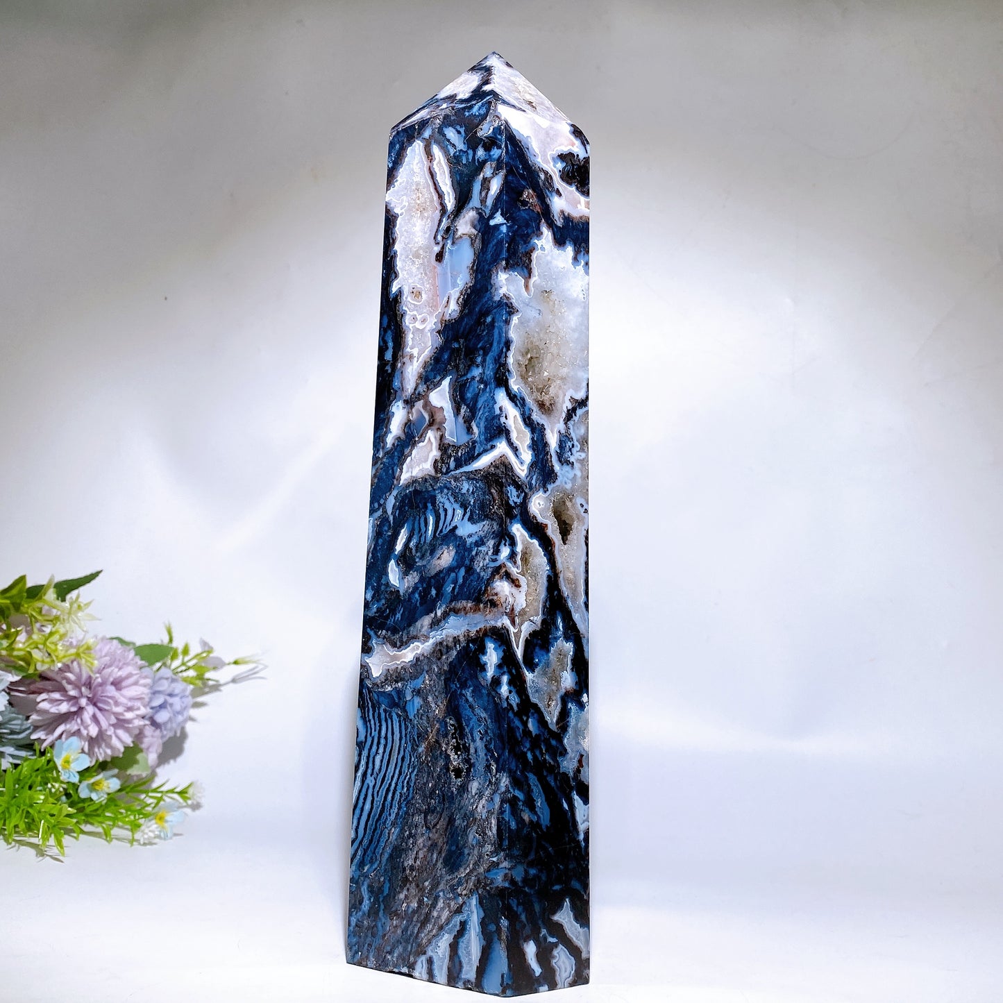 32cm Large Unique Druzy Black Banded Agate In Quartz Tower Crystal Healing Bulk Wholesale