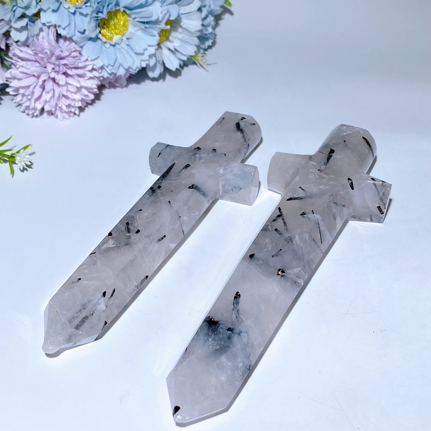 20cm Black Tourmaline In Quartz Sward Carving Crystal Healing Bulk Wholesale