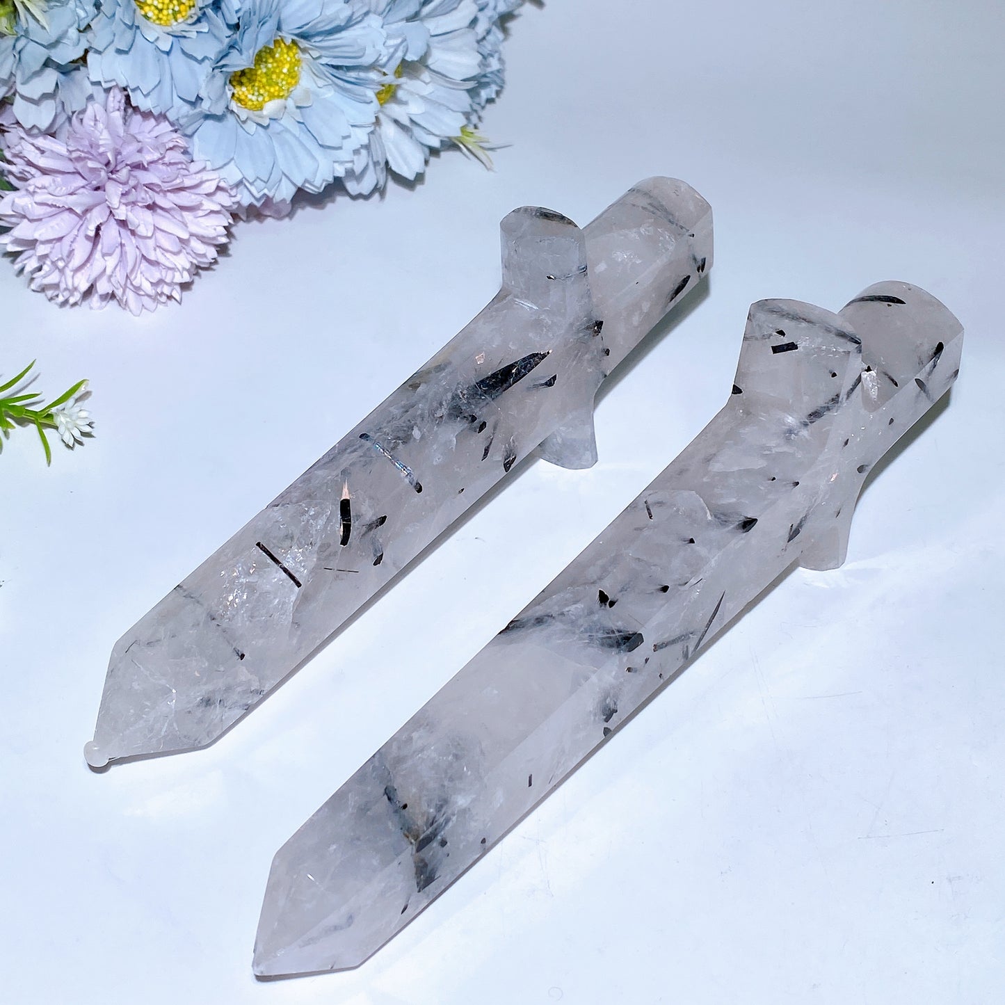 20cm Black Tourmaline In Quartz Sward Carving Crystal Healing Bulk Wholesale