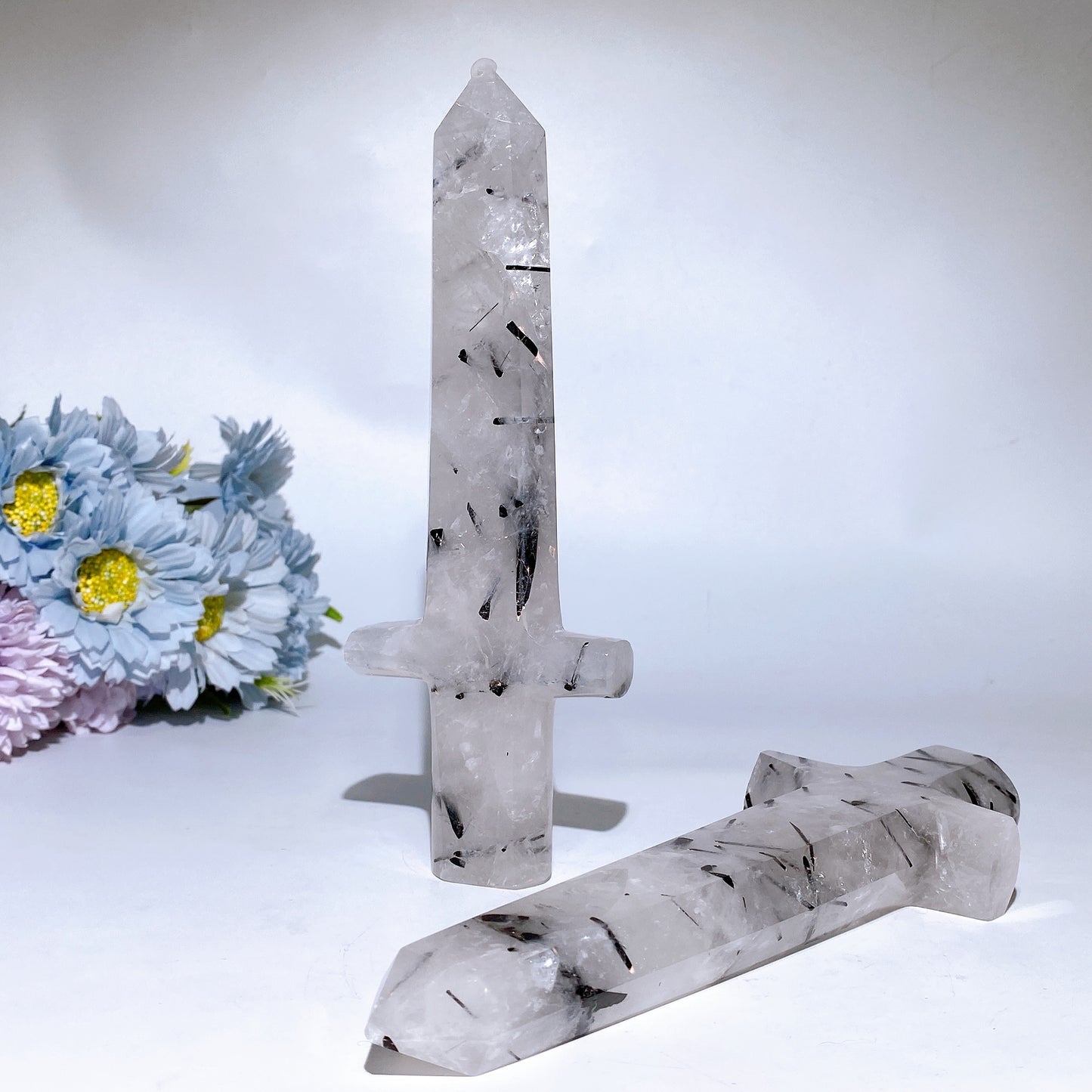 20cm Black Tourmaline In Quartz Sward Carving Crystal Healing Bulk Wholesale