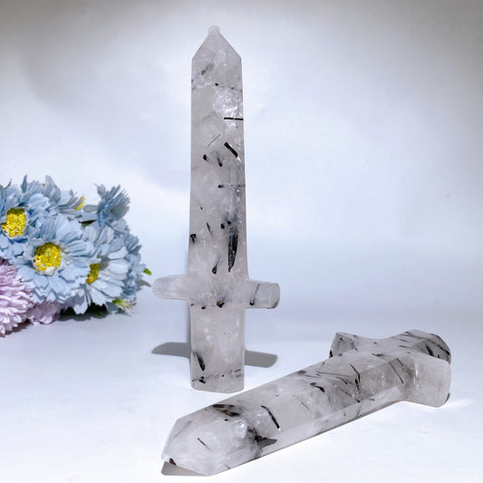 20cm Black Tourmaline In Quartz Sward Carving Crystal Healing Bulk Wholesale