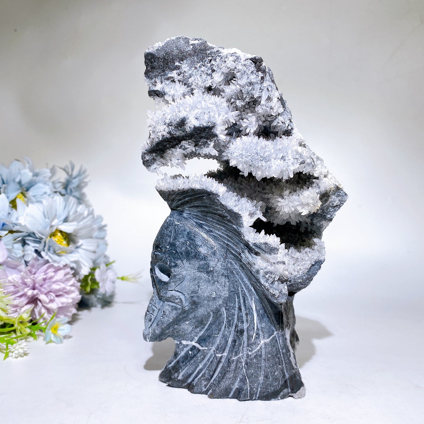 18cm Large Unique Sphelarite Grow with UV Reactive Calcite Skull Carving Crystal Healing Bulk Wholesale