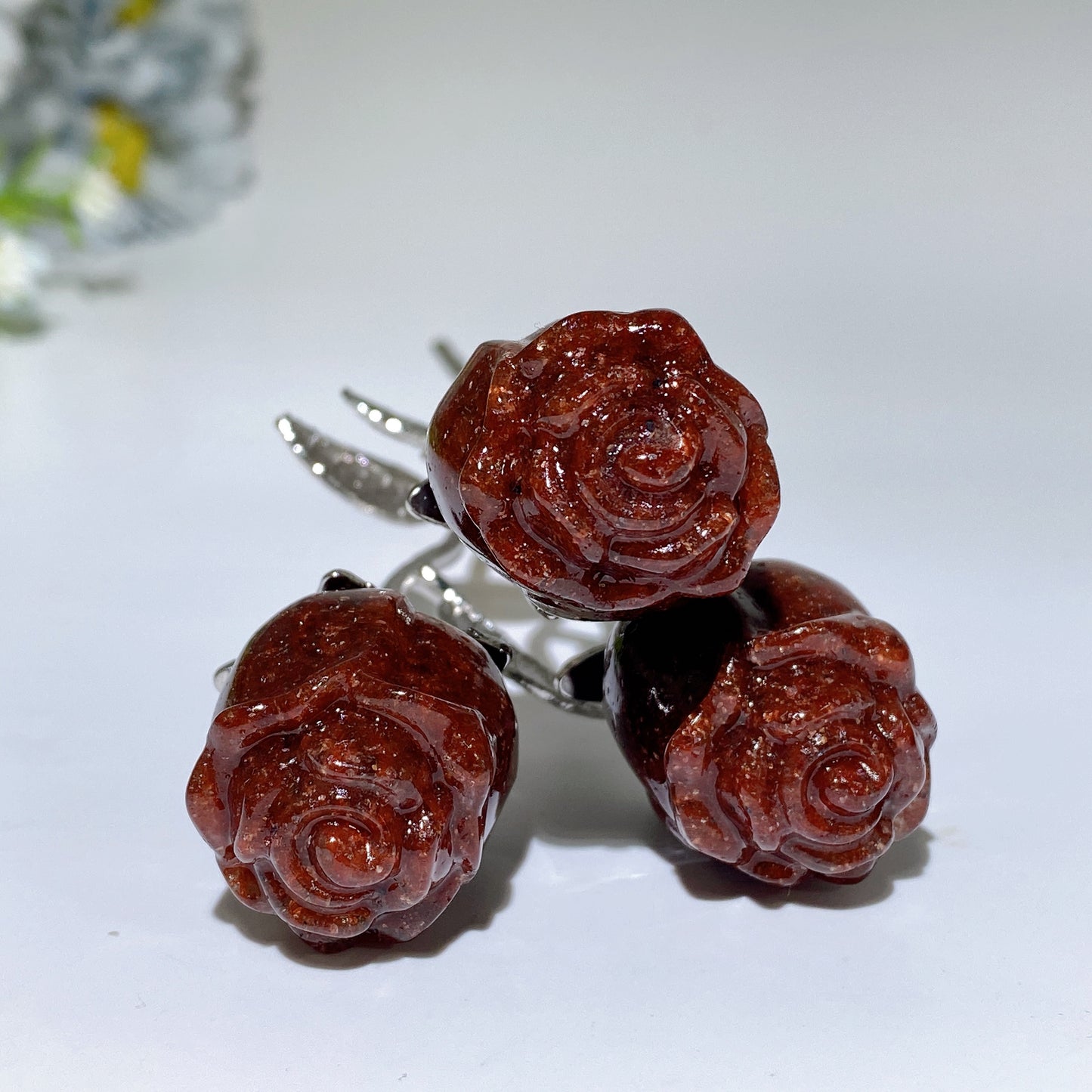 Crystal Flower Carving with Silver Color Metal Stem Crystal Healing Bulk Wholesale