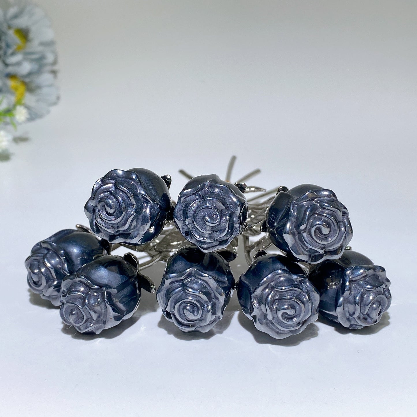 Crystal Flower Carving with Silver Color Metal Stem Crystal Healing Bulk Wholesale