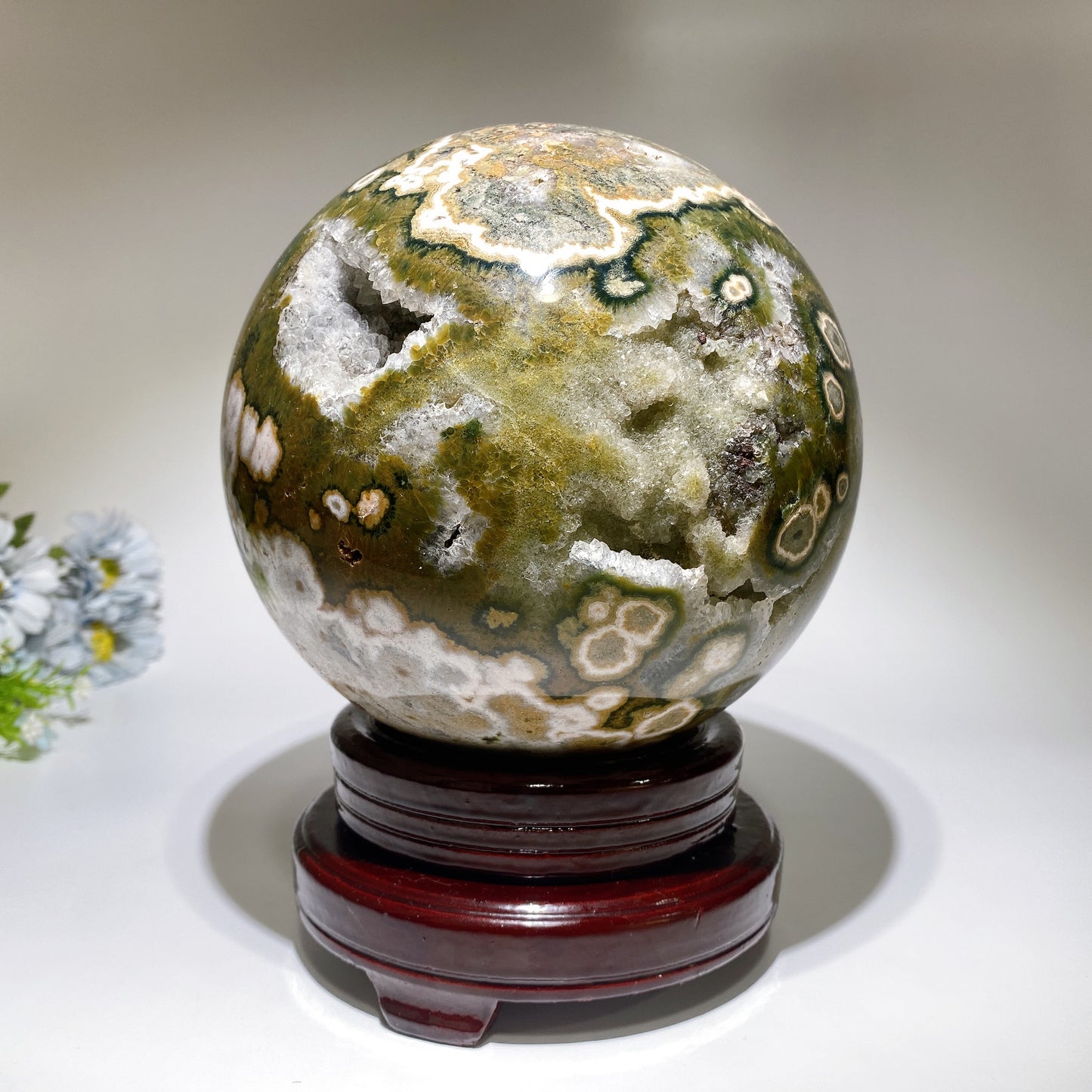 Large Unique Druzy Ocean Jasper Sphere with Wooden Stand Crystal Healing Bulk Wholesale