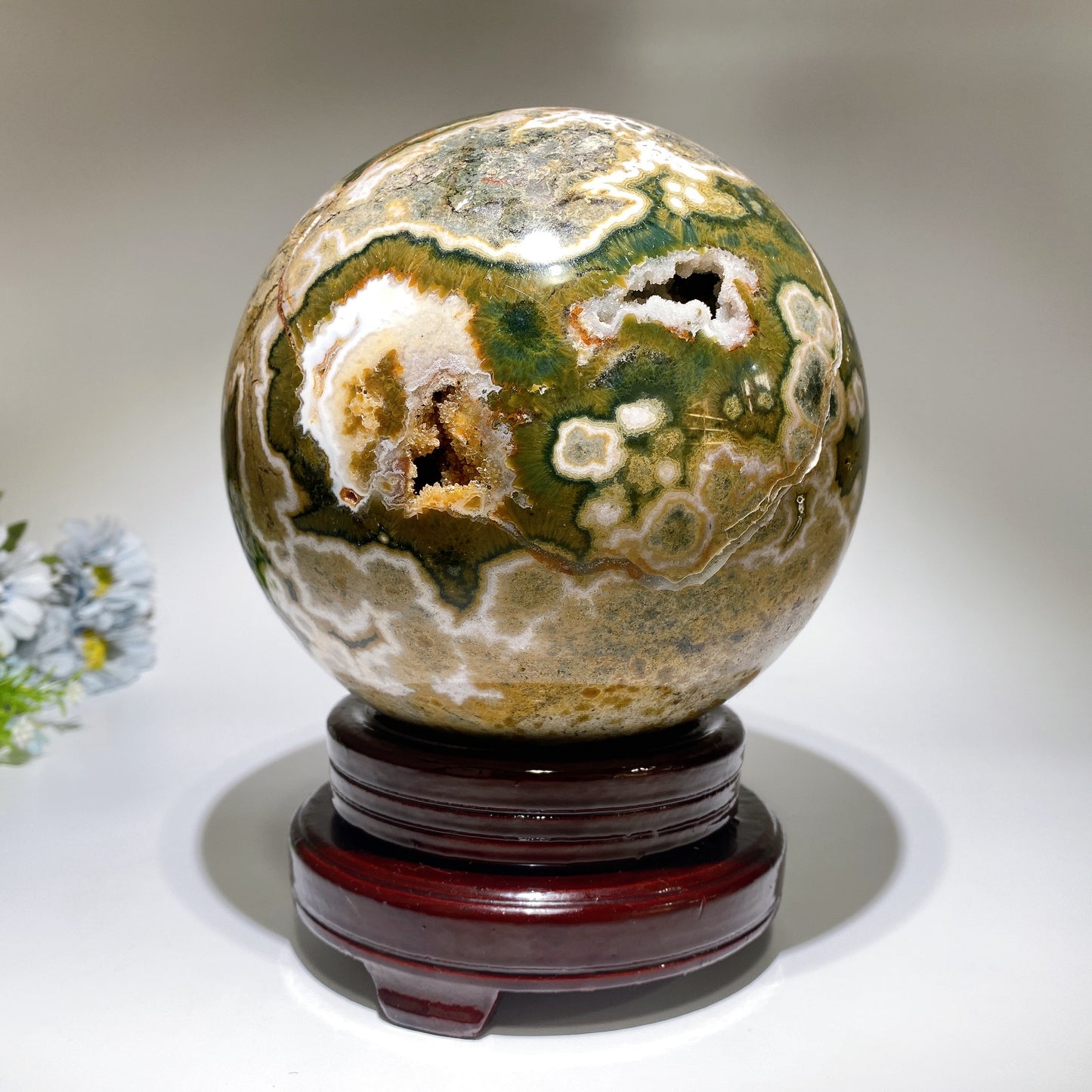 Large Unique Druzy Ocean Jasper Sphere with Wooden Stand Crystal Healing Bulk Wholesale