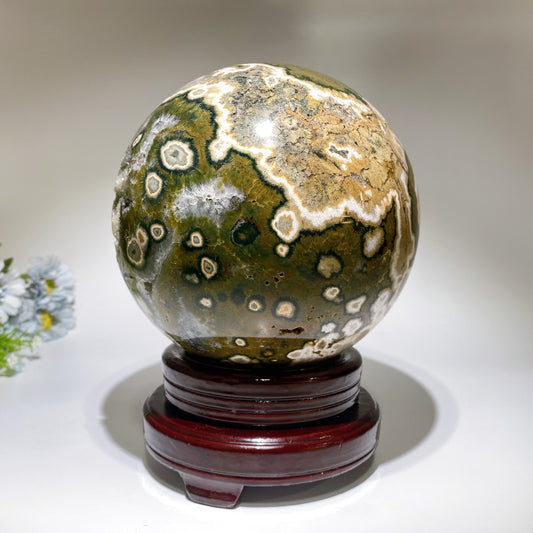 Large Unique Druzy Ocean Jasper Sphere with Wooden Stand Crystal Healing Bulk Wholesale
