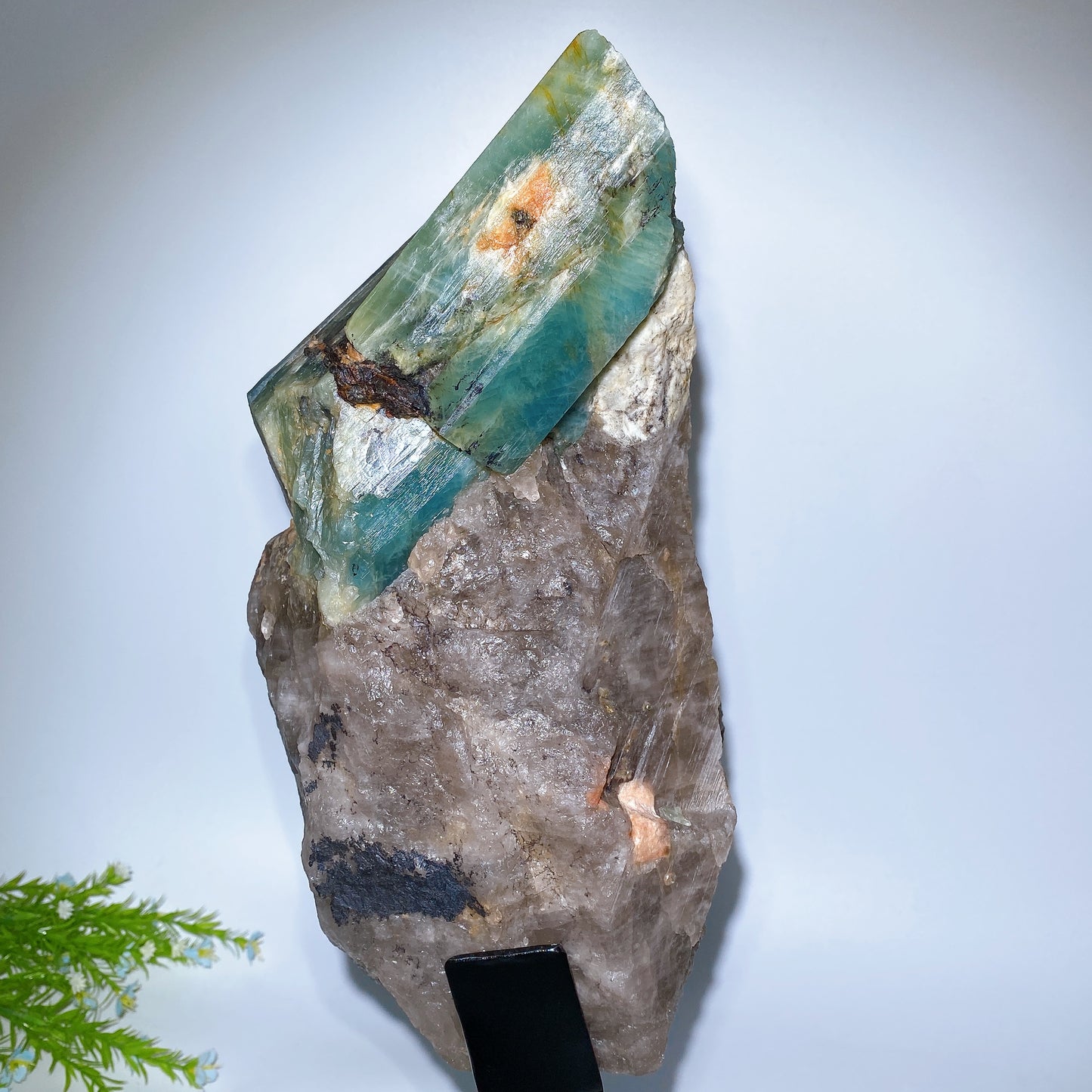 Large Unique Aquamarine in Quartz Specimen with Stand Crystal Healing