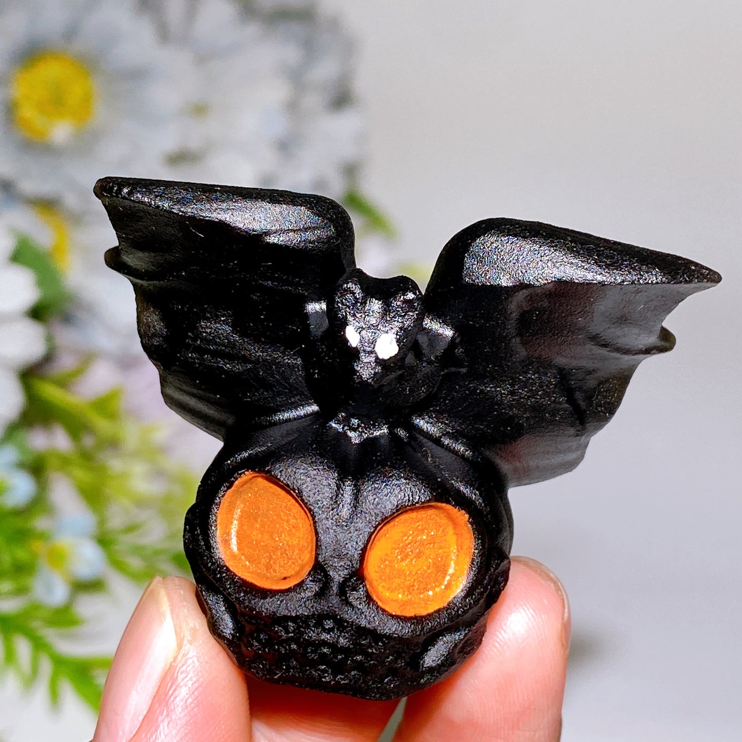 2.1" Black Obsidian Pumpkin Ghost with Bat Carving for Halloween Crystal Healing Bulk Wholesale