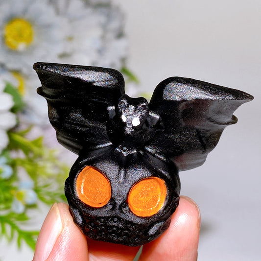 2.1" Black Obsidian Pumpkin Ghost with Bat Carving for Halloween Crystal Healing Bulk Wholesale
