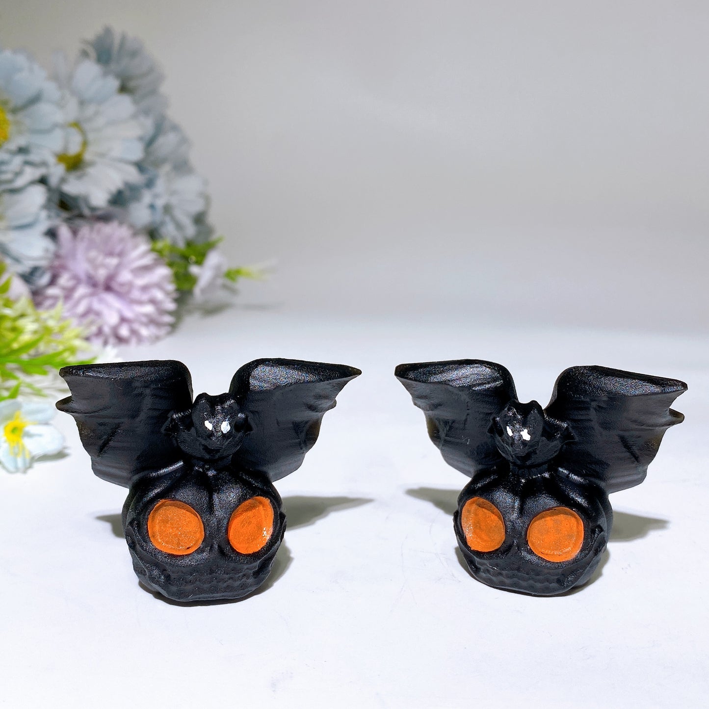 2.1" Black Obsidian Pumpkin Ghost with Bat Carving for Halloween Crystal Healing Bulk Wholesale