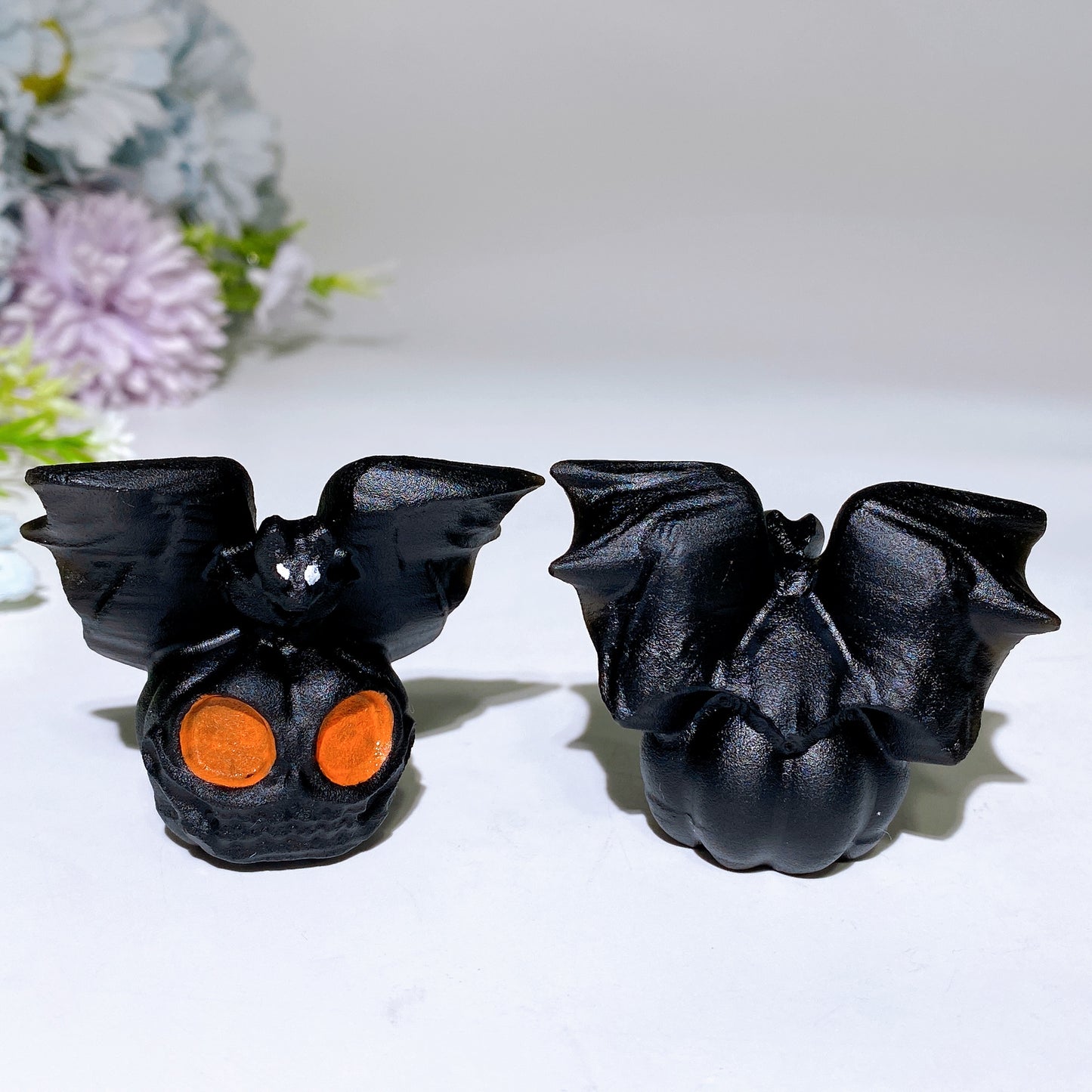 2.1" Black Obsidian Pumpkin Ghost with Bat Carving for Halloween Crystal Healing Bulk Wholesale