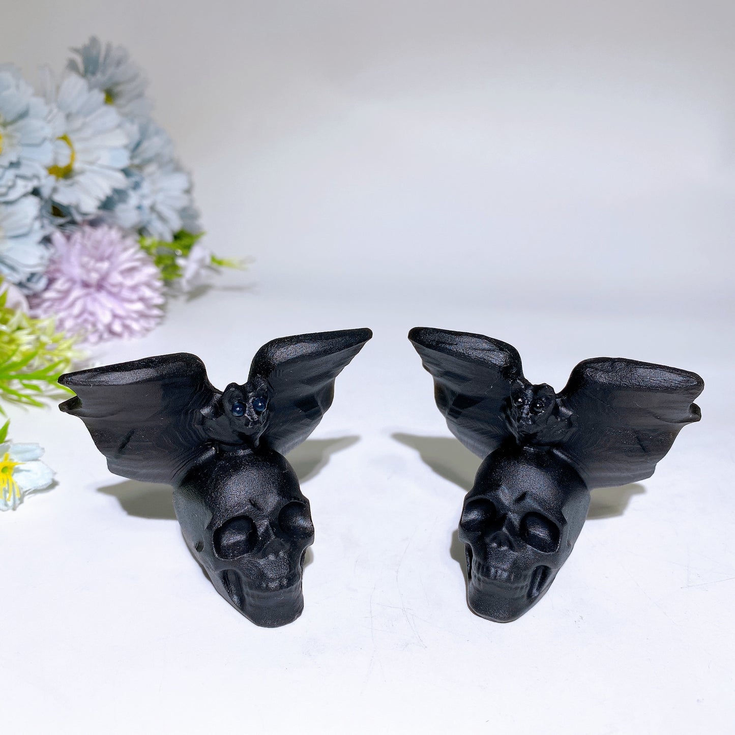 2.6" Black Obsidian Skull with Bat Carving Crystal Healing Bulk Wholesale