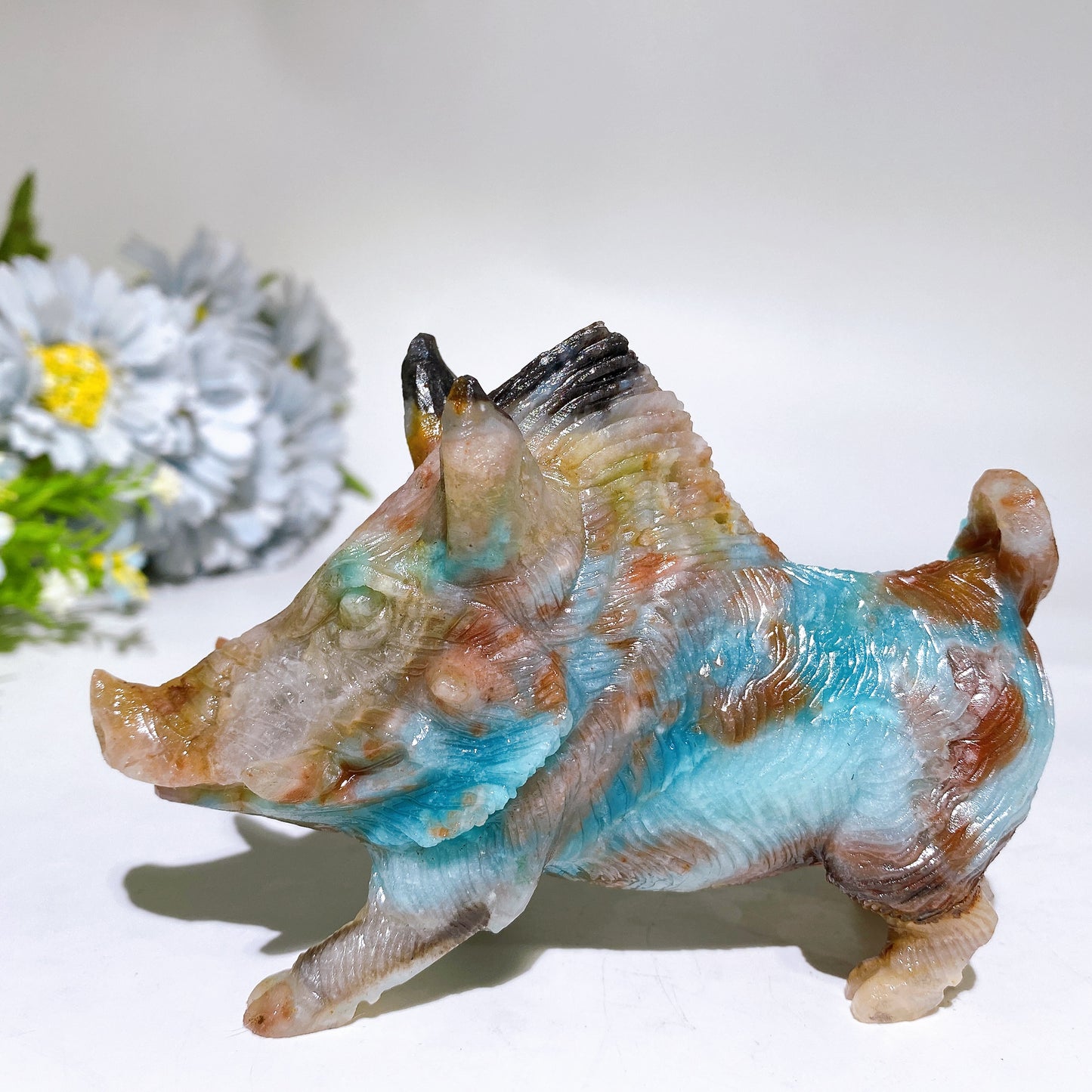 Caribbean Calcite Sky Blue Wild Boar Family Carving Crystal Healing Bulk Wholesale