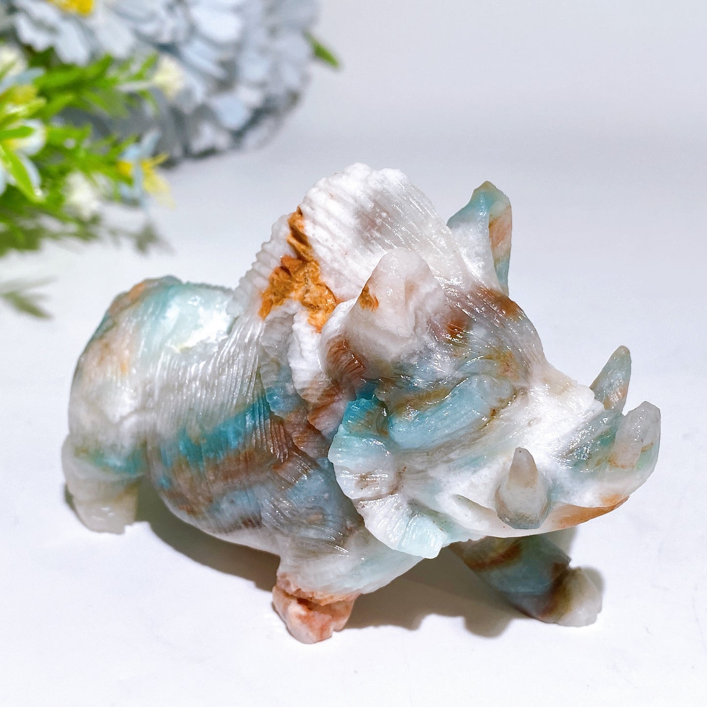 Caribbean Calcite Sky Blue Wild Boar Family Carving Crystal Healing Bulk Wholesale