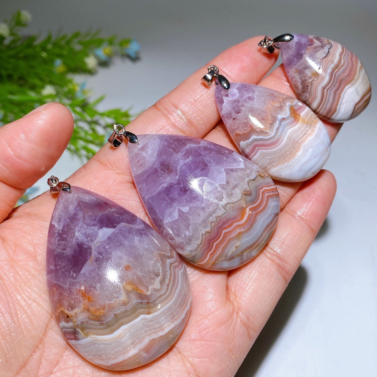 Striped Agate Growing with Amethyst Drop Shape Pendant Crystal Healing Bulk Wholesale