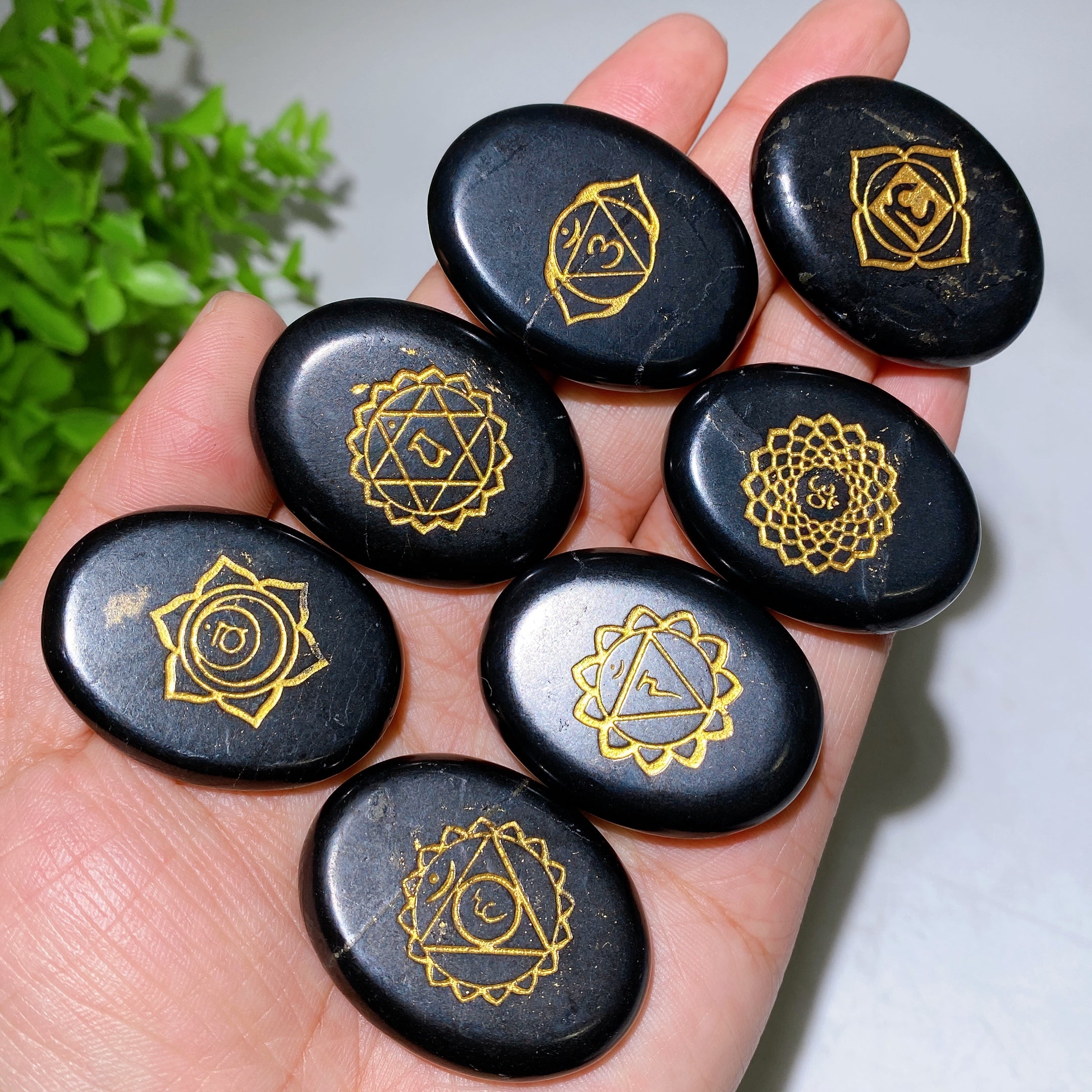 40mm Schungite Runes with Chakra Pattern Set Crystal Healing Bulk Whol